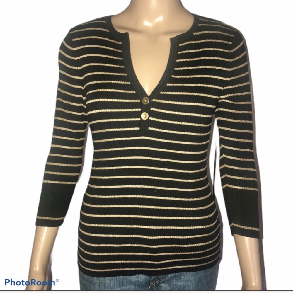 Vintage Ralph Lauren metallic gold and black sweater with 3/4 sleeves V neck